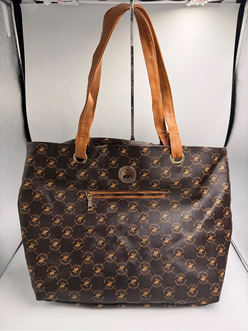 Beverly Hills Polo Club Brown Monogram Tote with Tan Handles